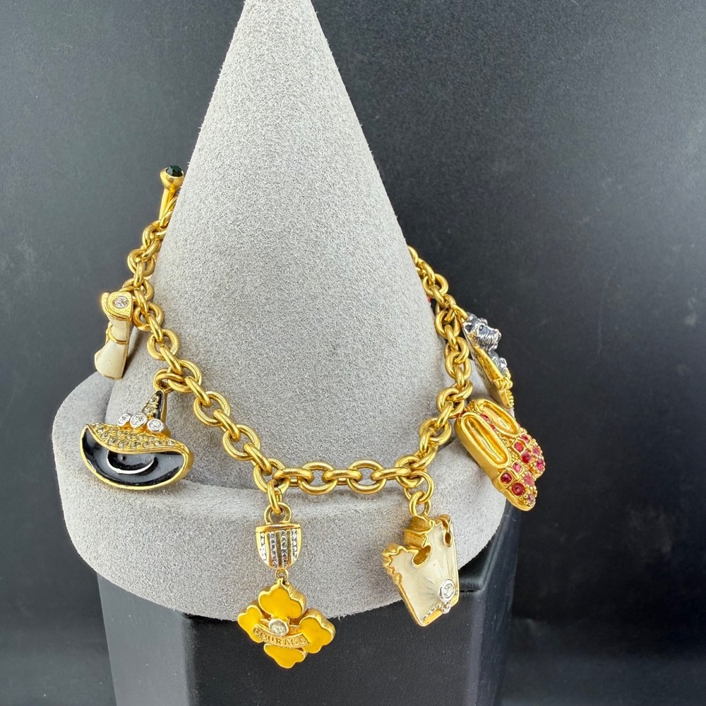 Vintage Estate Charm Bracelet Gold Tone Wizard of Oz Enamel Rhinestone 8in